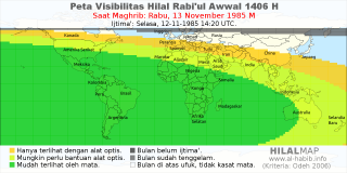 HilalMap: Peta Visibilitas Hilal Rabiul-Awwal 1406 H: rukyat tanggal 1985-11-13 M