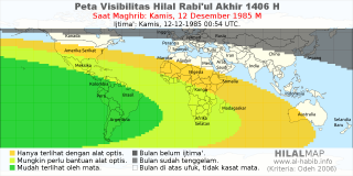 HilalMap: Peta Visibilitas Hilal Rabiul-Akhir 1406 H: rukyat tanggal 1985-12-12 M