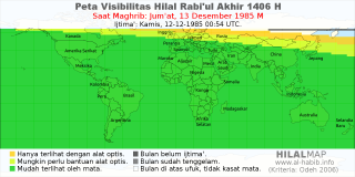 HilalMap: Peta Visibilitas Hilal Rabiul-Akhir 1406 H: rukyat tanggal 1985-12-13 M