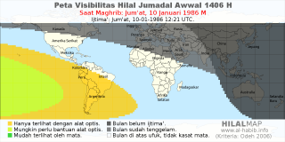 HilalMap: Peta Visibilitas Hilal Jumadal-Awwal 1406 H: rukyat tanggal 1986-1-10 M