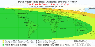 HilalMap: Peta Visibilitas Hilal Jumadal-Awwal 1406 H: rukyat tanggal 1986-1-11 M