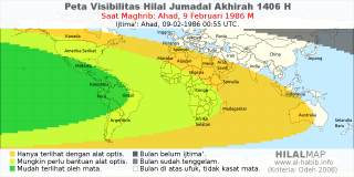 HilalMap: Peta Visibilitas Hilal Jumadal-Akhirah 1406 H: rukyat tanggal 1986-2-9 M
