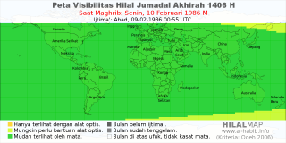 HilalMap: Peta Visibilitas Hilal Jumadal-Akhirah 1406 H: rukyat tanggal 1986-2-10 M