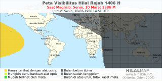 HilalMap: Peta Visibilitas Hilal Rajab 1406 H: rukyat tanggal 1986-3-10 M