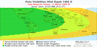 HilalMap: Peta Visibilitas Hilal Rajab 1406 H: rukyat tanggal 1986-3-11 M