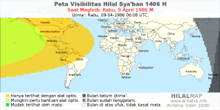 HilalMap: Peta Visibilitas Hilal Syaban 1406 H: rukyat tanggal 1986-4-9 M