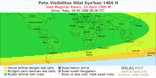 HilalMap: Peta Visibilitas Hilal Syaban 1406 H: rukyat tanggal 1986-4-10 M
