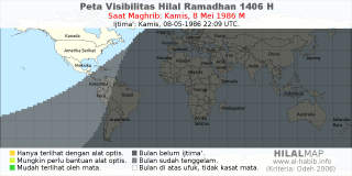 HilalMap: Peta Visibilitas Hilal Ramadhan 1406 H: rukyat tanggal 1986-5-8 M
