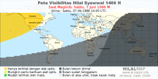HilalMap: Peta Visibilitas Hilal Syawwal 1406 H: rukyat tanggal 1986-6-7 M