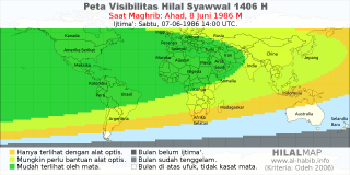HilalMap: Peta Visibilitas Hilal Syawwal 1406 H: rukyat tanggal 1986-6-8 M