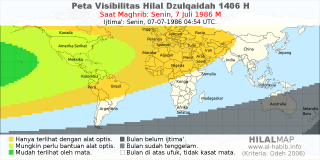 HilalMap: Peta Visibilitas Hilal Dzulqaidah 1406 H: rukyat tanggal 1986-7-7 M