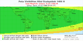 HilalMap: Peta Visibilitas Hilal Dzulqaidah 1406 H: rukyat tanggal 1986-7-8 M
