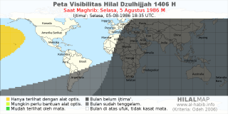 HilalMap: Peta Visibilitas Hilal Dzulhijjah 1406 H: rukyat tanggal 1986-8-5 M