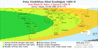 HilalMap: Peta Visibilitas Hilal Dzulhijjah 1406 H: rukyat tanggal 1986-8-6 M