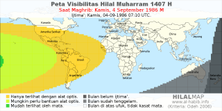 HilalMap: Peta Visibilitas Hilal Muharram 1407 H: rukyat tanggal 1986-9-4 M
