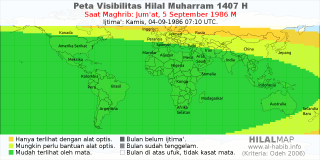 HilalMap: Peta Visibilitas Hilal Muharram 1407 H: rukyat tanggal 1986-9-5 M
