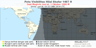 HilalMap: Peta Visibilitas Hilal Shafar 1407 H: rukyat tanggal 1986-10-3 M