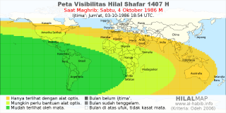 HilalMap: Peta Visibilitas Hilal Shafar 1407 H: rukyat tanggal 1986-10-4 M