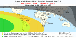 HilalMap: Peta Visibilitas Hilal Rabiul-Awwal 1407 H: rukyat tanggal 1986-11-2 M