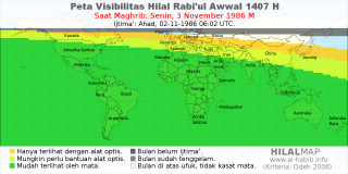 HilalMap: Peta Visibilitas Hilal Rabiul-Awwal 1407 H: rukyat tanggal 1986-11-3 M