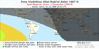 HilalMap: Peta Visibilitas Hilal Rabiul-Akhir 1407 H: rukyat tanggal 1986-12-1 M