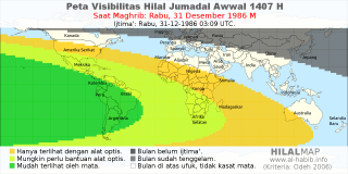 HilalMap: Peta Visibilitas Hilal Jumadal-Awwal 1407 H: rukyat tanggal 1986-12-31 M