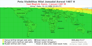 HilalMap: Peta Visibilitas Hilal Jumadal-Awwal 1407 H: rukyat tanggal 1987-1-1 M
