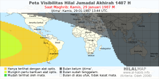 HilalMap: Peta Visibilitas Hilal Jumadal-Akhirah 1407 H: rukyat tanggal 1987-1-29 M