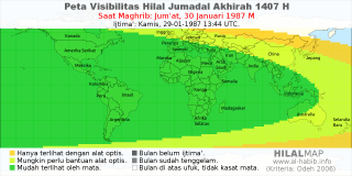 HilalMap: Peta Visibilitas Hilal Jumadal-Akhirah 1407 H: rukyat tanggal 1987-1-30 M