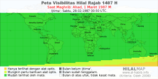 HilalMap: Peta Visibilitas Hilal Rajab 1407 H: rukyat tanggal 1987-3-1 M
