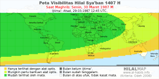 HilalMap: Peta Visibilitas Hilal Syaban 1407 H: rukyat tanggal 1987-3-30 M