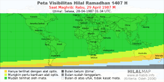 HilalMap: Peta Visibilitas Hilal Ramadhan 1407 H: rukyat tanggal 1987-4-29 M