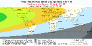 HilalMap: Peta Visibilitas Hilal Dzulqaidah 1407 H: rukyat tanggal 1987-6-26 M