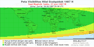 HilalMap: Peta Visibilitas Hilal Dzulqaidah 1407 H: rukyat tanggal 1987-6-27 M