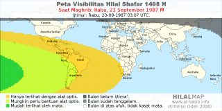 HilalMap: Peta Visibilitas Hilal Shafar 1408 H: rukyat tanggal 1987-9-23 M