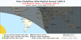 HilalMap: Peta Visibilitas Hilal Rabiul-Awwal 1408 H: rukyat tanggal 1987-10-22 M