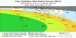 HilalMap: Peta Visibilitas Hilal Rabiul-Awwal 1408 H: rukyat tanggal 1987-10-23 M