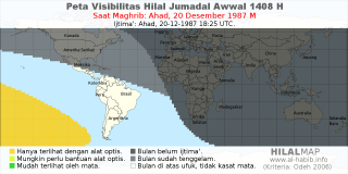 HilalMap: Peta Visibilitas Hilal Jumadal-Awwal 1408 H: rukyat tanggal 1987-12-20 M