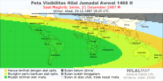 HilalMap: Peta Visibilitas Hilal Jumadal-Awwal 1408 H: rukyat tanggal 1987-12-21 M