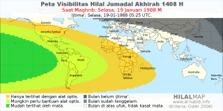 HilalMap: Peta Visibilitas Hilal Jumadal-Akhirah 1408 H: rukyat tanggal 1988-1-19 M