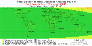 HilalMap: Peta Visibilitas Hilal Jumadal-Akhirah 1408 H: rukyat tanggal 1988-1-20 M