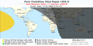 HilalMap: Peta Visibilitas Hilal Rajab 1408 H: rukyat tanggal 1988-2-17 M