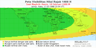 HilalMap: Peta Visibilitas Hilal Rajab 1408 H: rukyat tanggal 1988-2-18 M