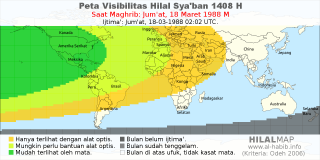 HilalMap: Peta Visibilitas Hilal Syaban 1408 H: rukyat tanggal 1988-3-18 M