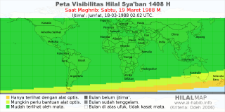 HilalMap: Peta Visibilitas Hilal Syaban 1408 H: rukyat tanggal 1988-3-19 M