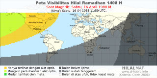 HilalMap: Peta Visibilitas Hilal Ramadhan 1408 H: rukyat tanggal 1988-4-16 M
