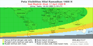 HilalMap: Peta Visibilitas Hilal Ramadhan 1408 H: rukyat tanggal 1988-4-17 M