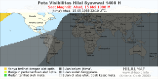 HilalMap: Peta Visibilitas Hilal Syawwal 1408 H: rukyat tanggal 1988-5-15 M
