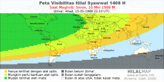 HilalMap: Peta Visibilitas Hilal Syawwal 1408 H: rukyat tanggal 1988-5-16 M
