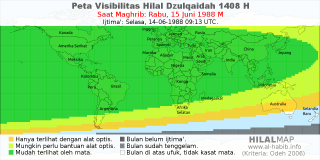 HilalMap: Peta Visibilitas Hilal Dzulqaidah 1408 H: rukyat tanggal 1988-6-15 M